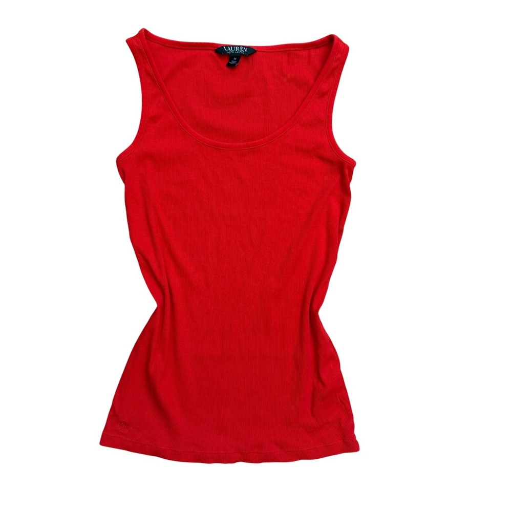 Lauren Ralph Lauren Red Ribbed Tank Top Scoop Neck LRL Logo M Preppy